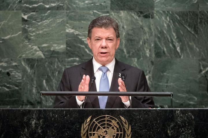 President Juan Manuel Santos Calderón of Colombia talks about his country's peace process. UN photo.