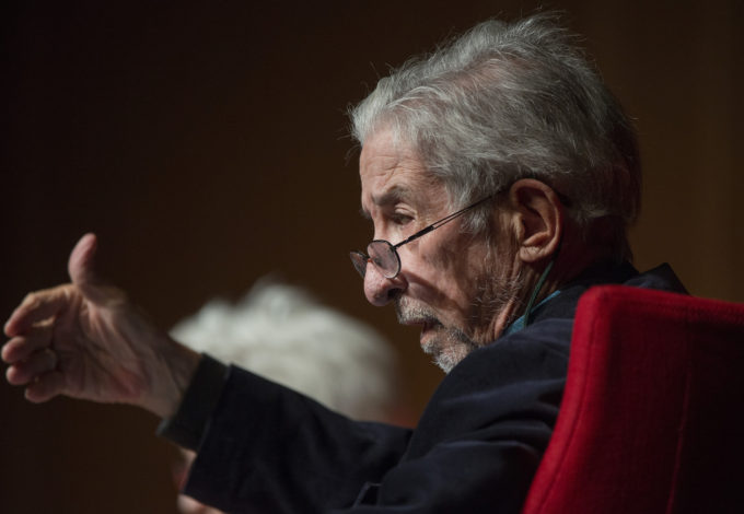 Tom Hayden, speaking in April 2016. At the time he was not just talking about the Vietnam War and its opponents, but looking forward to criticize the "Long War" against inanimate concepts rather than people or nations that neoconservative operatives, some Pentagon strategist and of course those who sell military weapons are advocating. Photo by Jay Godwin / LBK Library